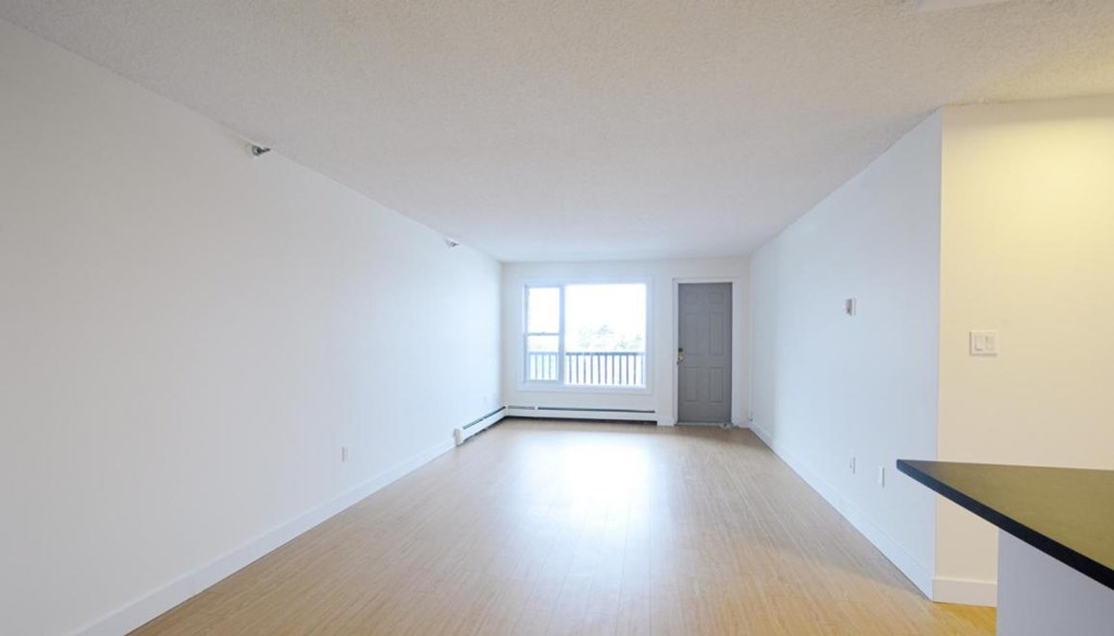 A spacious room with wooden flooring and a window with a view of a balcony.